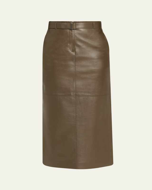 Belted Side-Slit Leather Midi Skirt